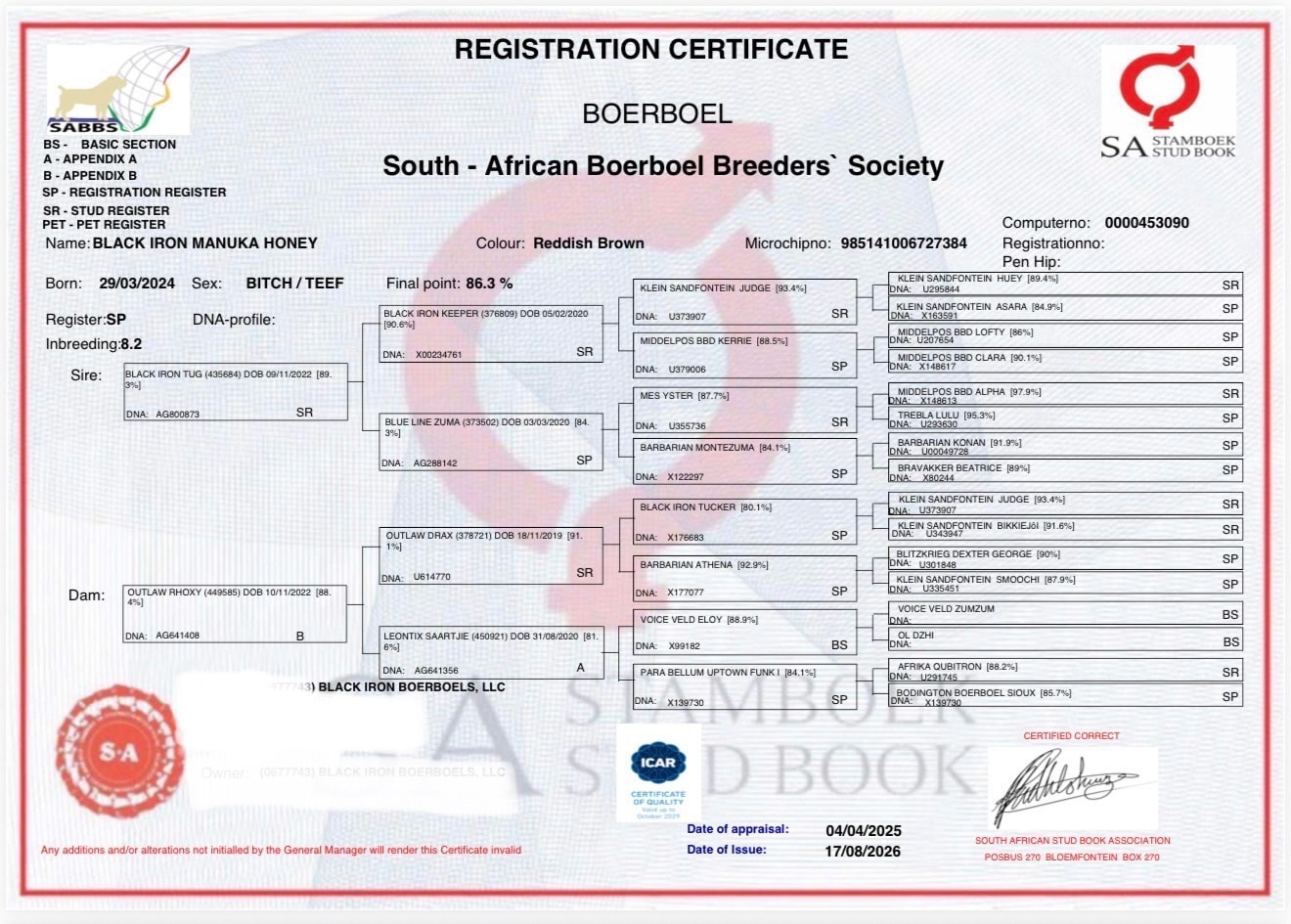 SABBS registration certificate for Black Iron Manuka Honey showing pedigree, DNA details, and an 86.3 percent appraisal score